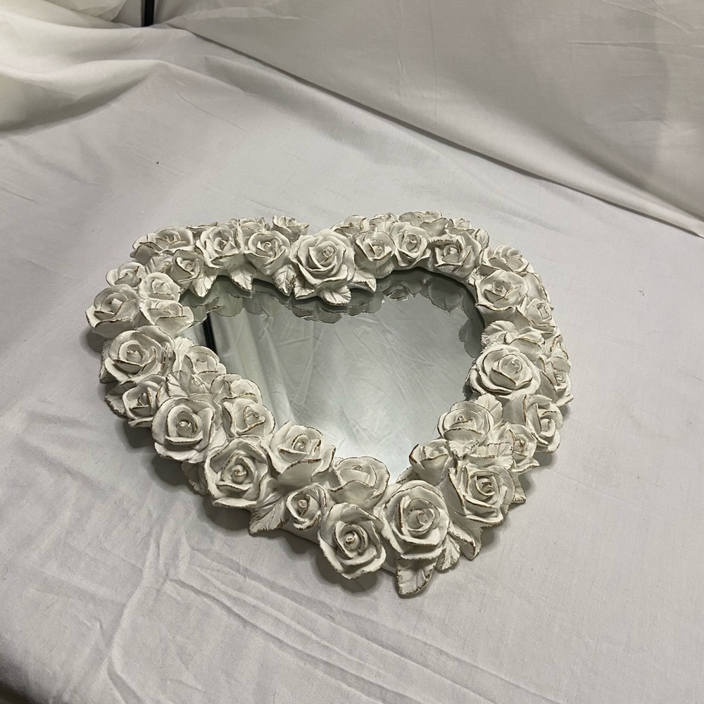 Vintage Decoline handmade white rose w gold touches heart shaped mirror